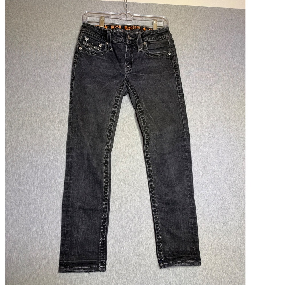 Rock Revival Iselin Slim Straight Black Embellished Jeans Size 28